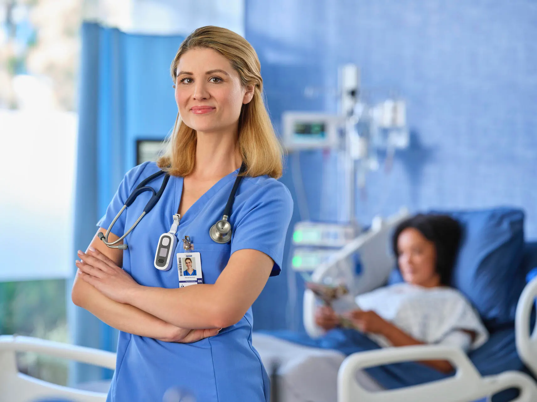 A healthcare stands next to a patient's room equipment