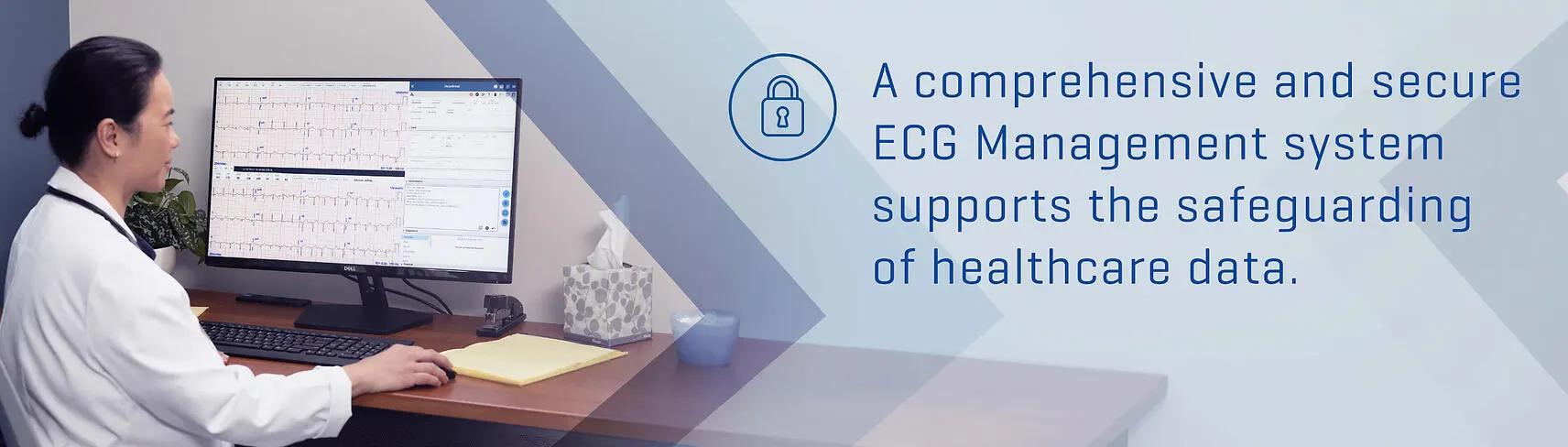 doctor sitting down with physician looking at ecg report on computer screen