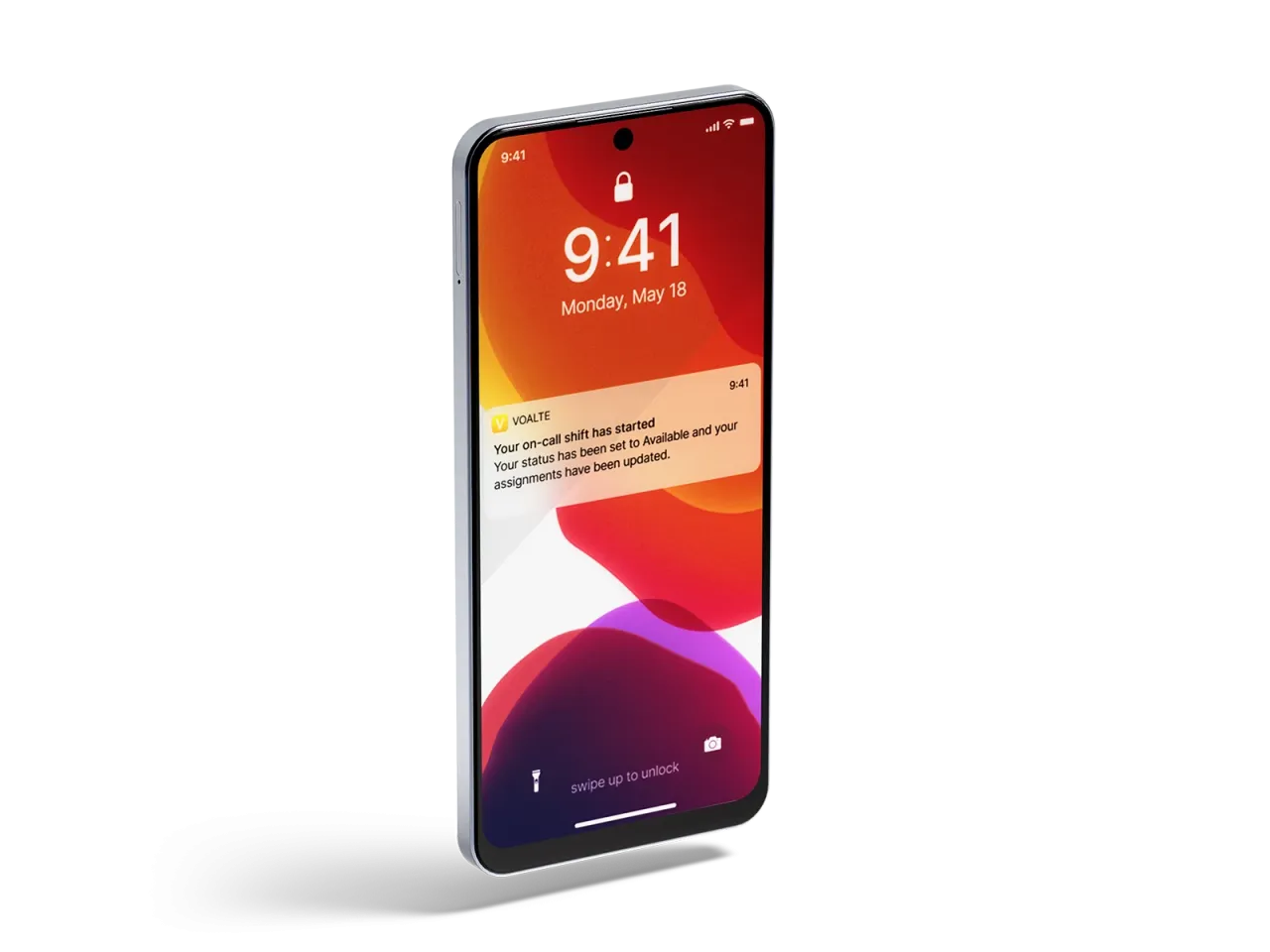 A mobile phone with Voalte notification telling healthcare worker that their shift has started