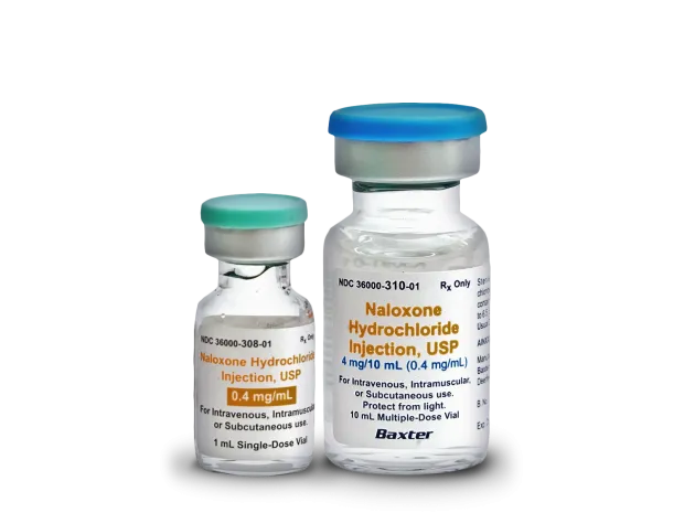 Vials of Naloxone Hydrochloride Injection, USP, 4 mg per 10 ml and 0.4 mg per 1 mL