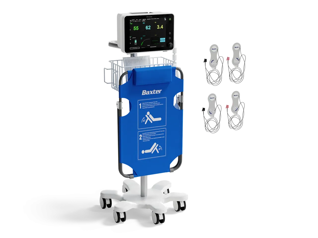 The Starling fluid management and monitoring system on a stand with leg raiser and electrodes