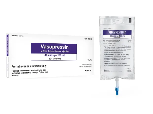 Vasopressin 40 units per 100 ml premix injection bag and carton
